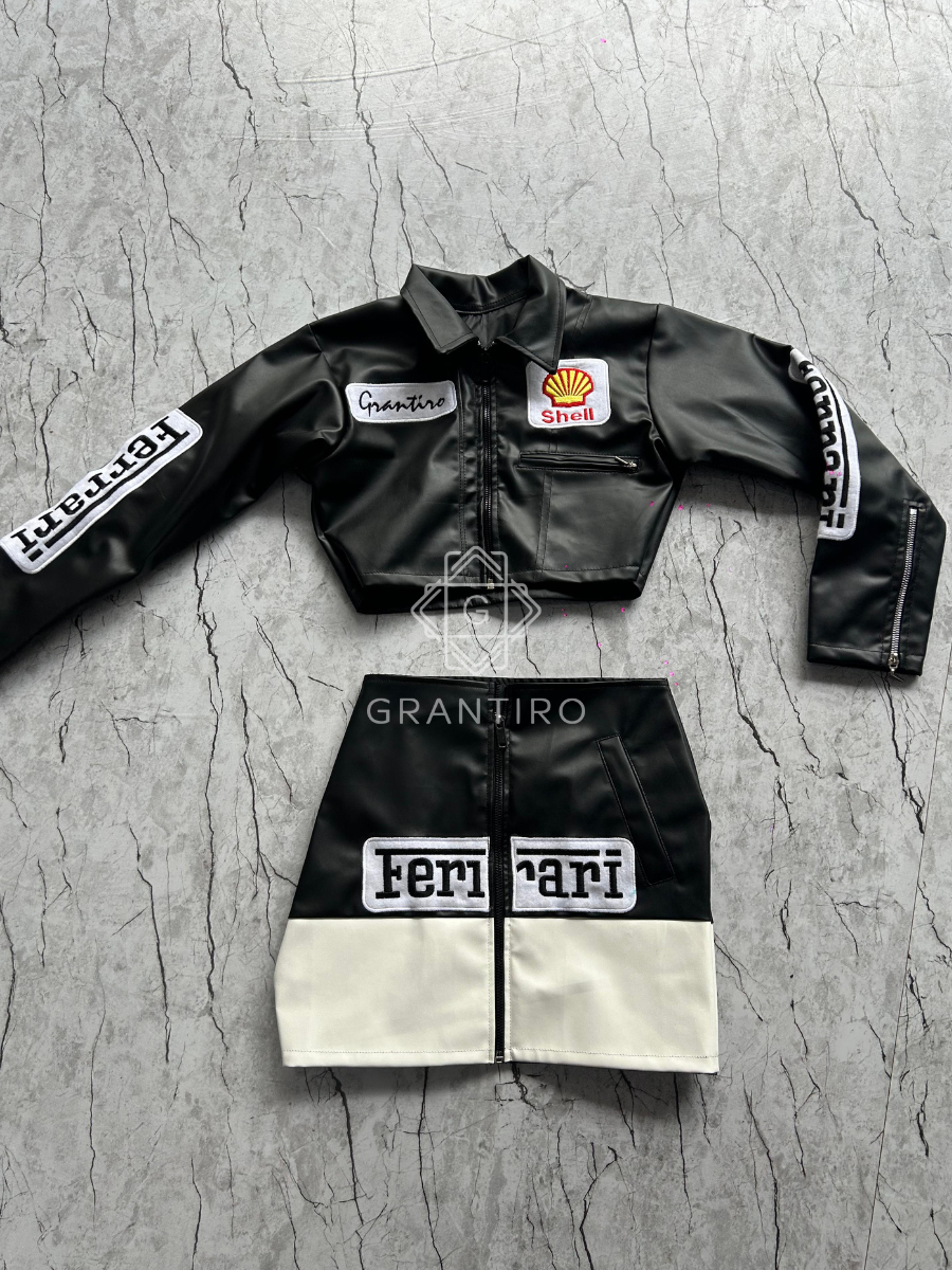 Black Ferrari Leather Crop Jacket & Skirt Coord Set | Grantiro® Luxe Edition