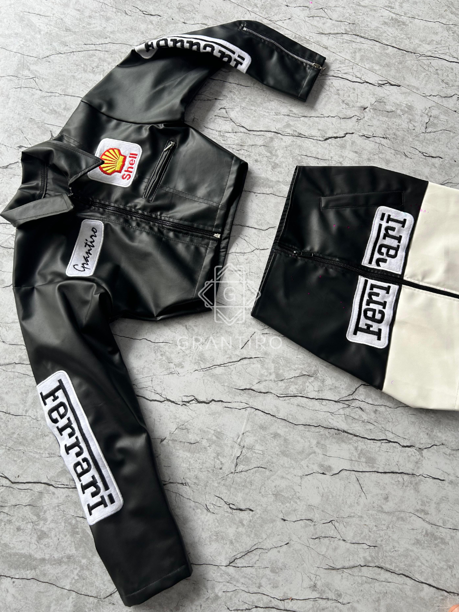 Black Ferrari Leather Crop Jacket & Skirt Coord Set | Grantiro® Luxe Edition