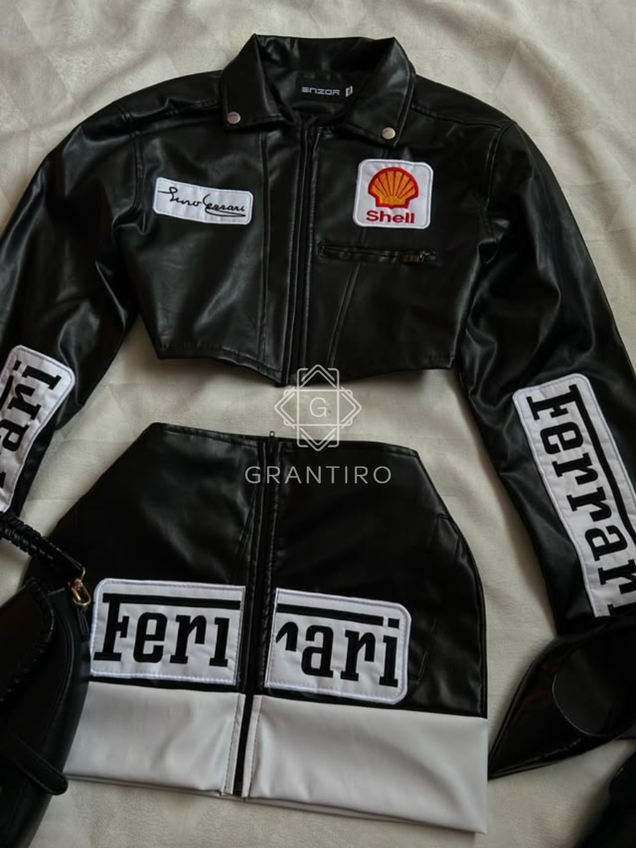 Black Ferrari Leather Crop Jacket & Skirt Coord Set | Grantiro® Luxe Edition