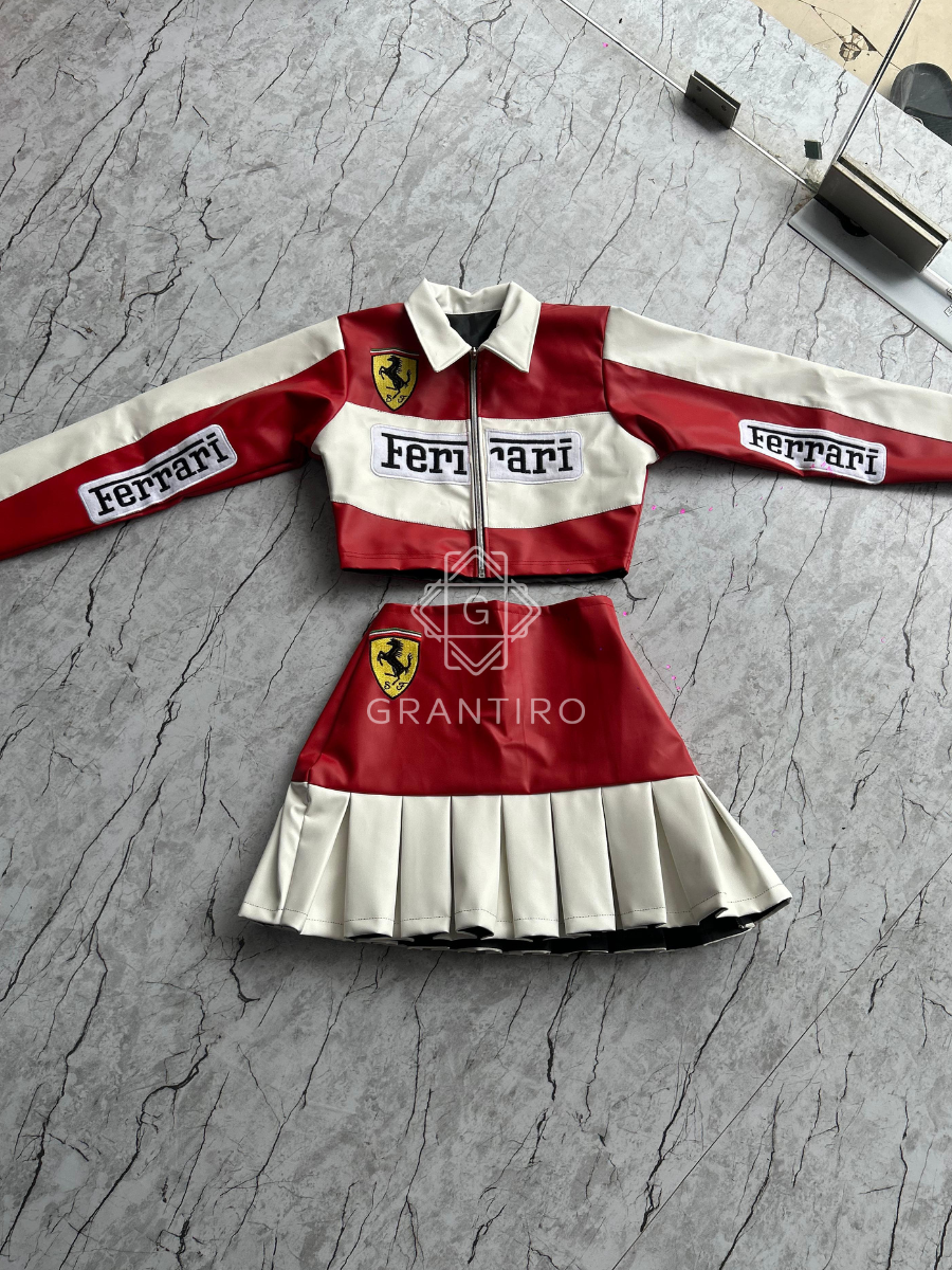 Red & White Leather Crop Jacket & Pleated Skirt Co-ord Set | Grantiro® Luxe Edition