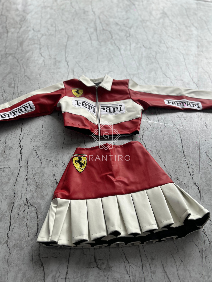 Red & White Leather Crop Jacket & Pleated Skirt Co-ord Set | Grantiro® Luxe Edition
