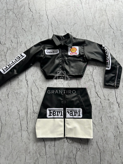 Black Ferrari Leather Crop Jacket & Skirt Coord Set | Grantiro® Luxe Edition