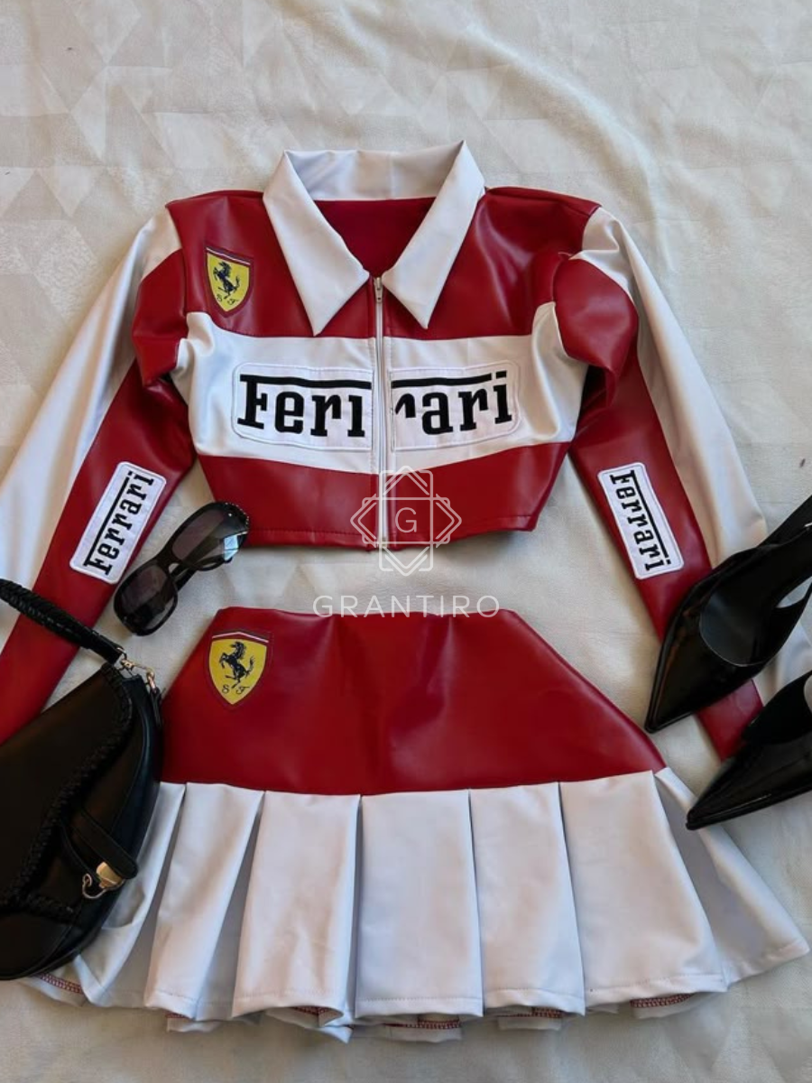 Red & White Leather Crop Jacket & Pleated Skirt Co-ord Set | Grantiro® Luxe Edition