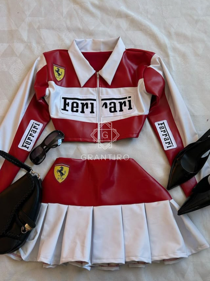 Red & White Leather Crop Jacket & Pleated Skirt Co-ord Set | Grantiro® Luxe Edition