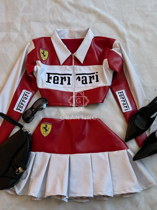 Red & White Leather Crop Jacket & Pleated Skirt Co-ord Set | Grantiro® Luxe Edition
