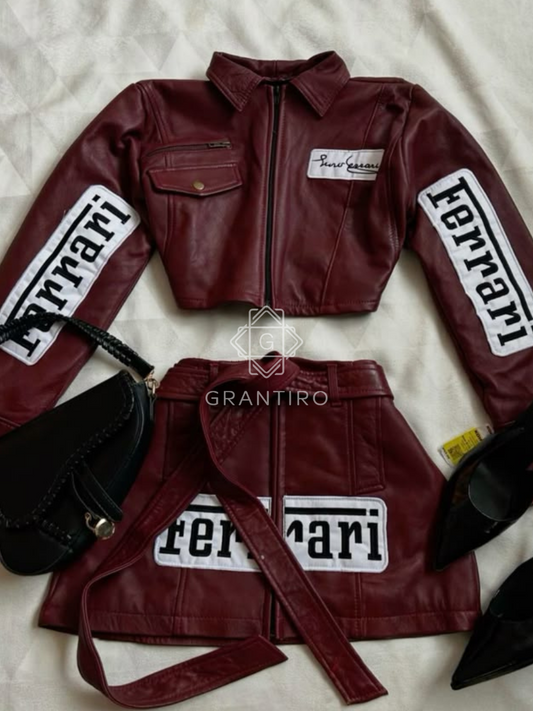 Maroon Leather Crop Jacket & Skirt Co-ord Set | Grantiro® Luxe Edition