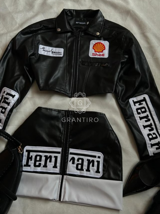 Black Ferrari Leather Crop Jacket & Skirt Coord Set | Grantiro® Luxe Edition