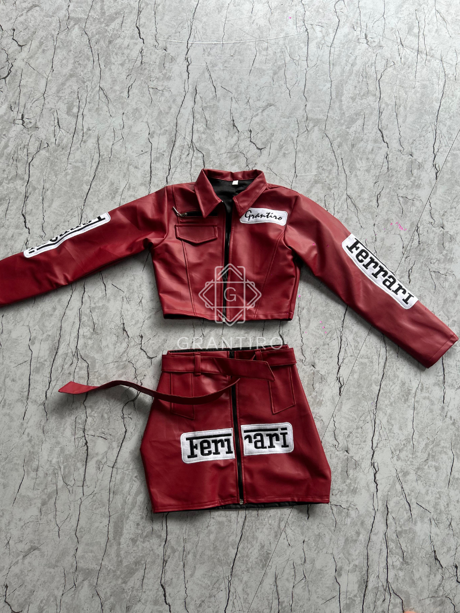 Maroon Leather Crop Jacket & Skirt Co-ord Set | Grantiro® Luxe Edition