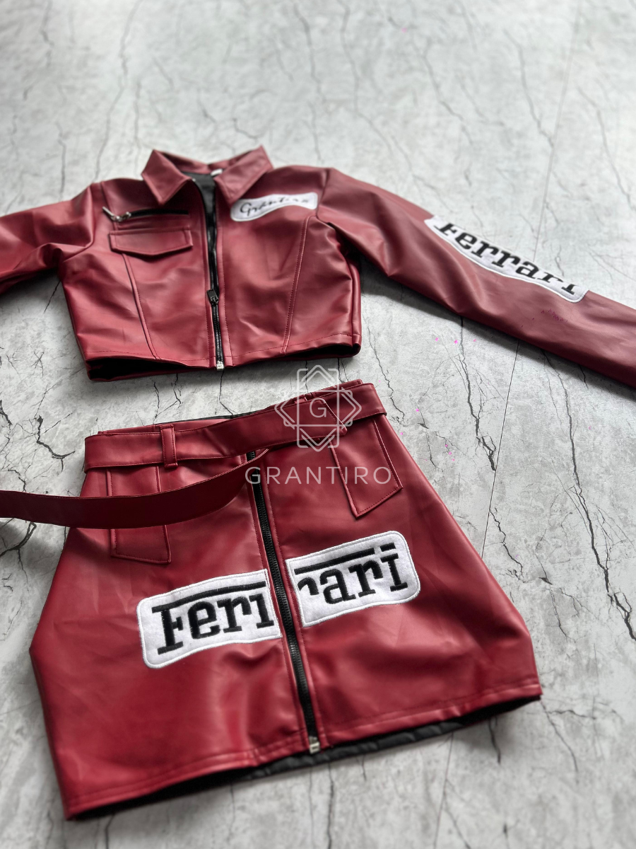 Maroon Leather Crop Jacket & Skirt Co-ord Set | Grantiro® Luxe Edition