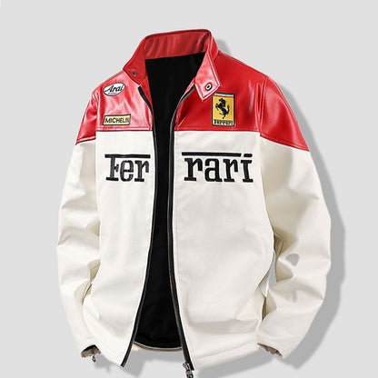 White & Red Ferrari Leather Jacket | Grantiro® Luxe Edition