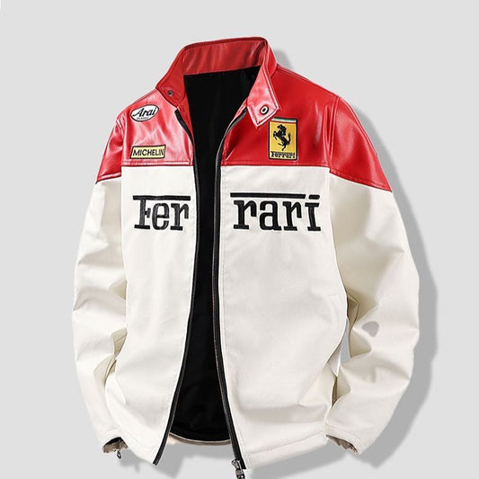 White & Red Ferrari Leather Jacket | Grantiro® Luxe Edition