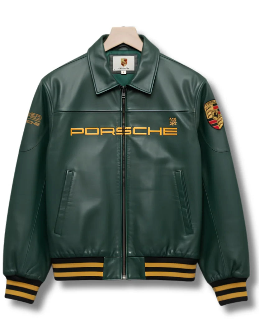 Porsche Bottle Green Leather Jacket – Limited Drop | Grantiro® Luxe Edition