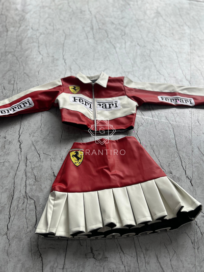 Red & White Leather Crop Jacket & Pleated Skirt Co-ord Set | Grantiro® Luxe Edition