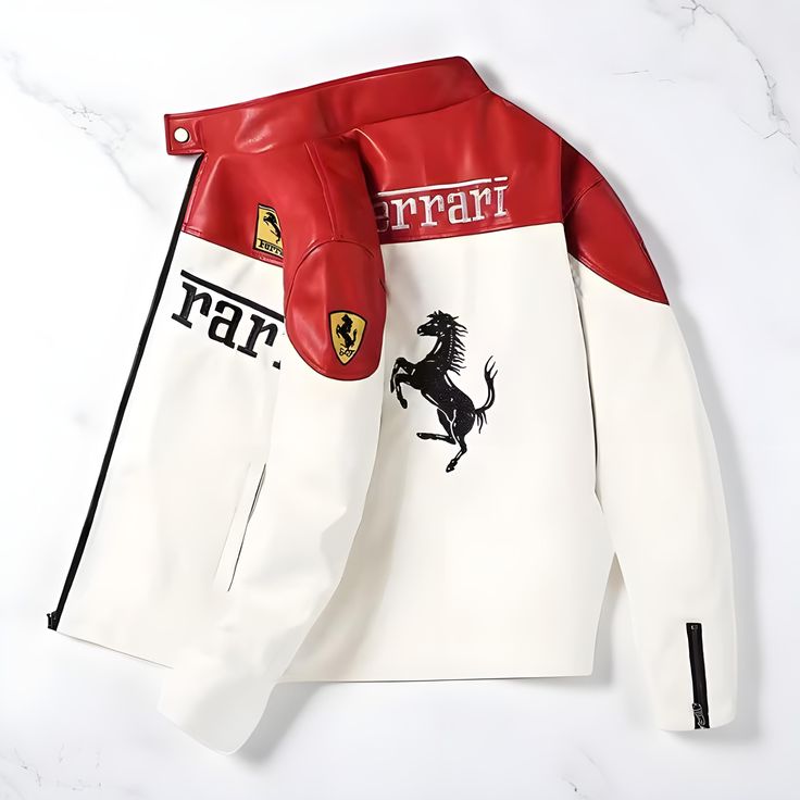 White & Red Ferrari Leather Jacket | Grantiro® Luxe Edition