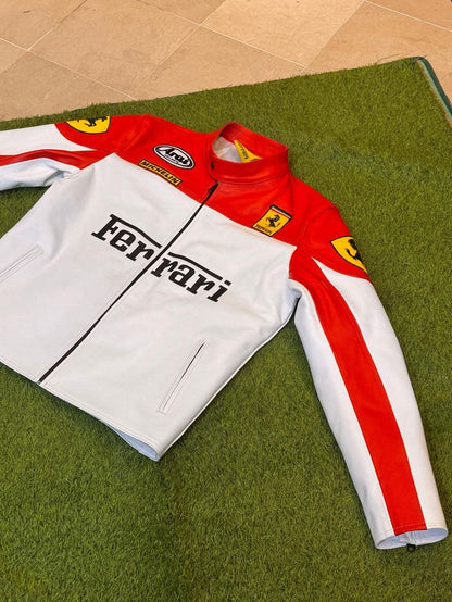 White & Red Ferrari Leather Jacket | Grantiro® Luxe Edition