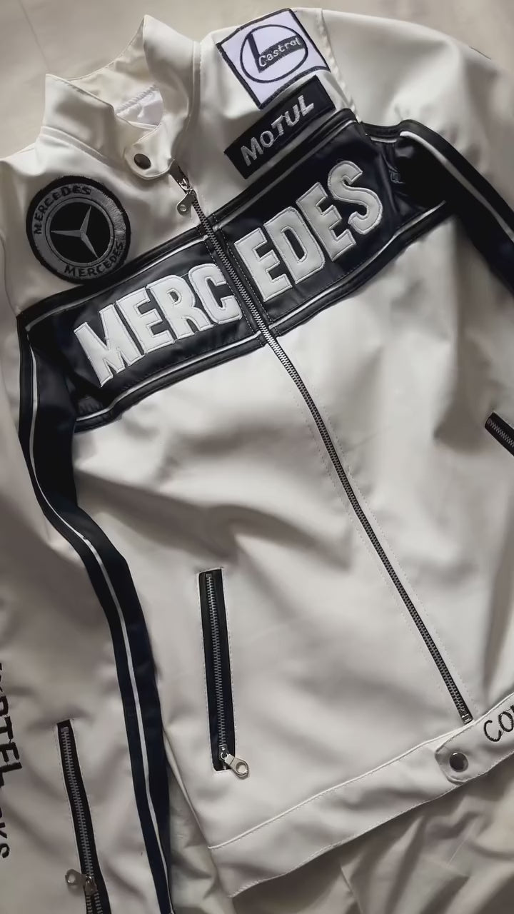 White Mercedes Leather Jacket | Maison Feraia F1 Edition